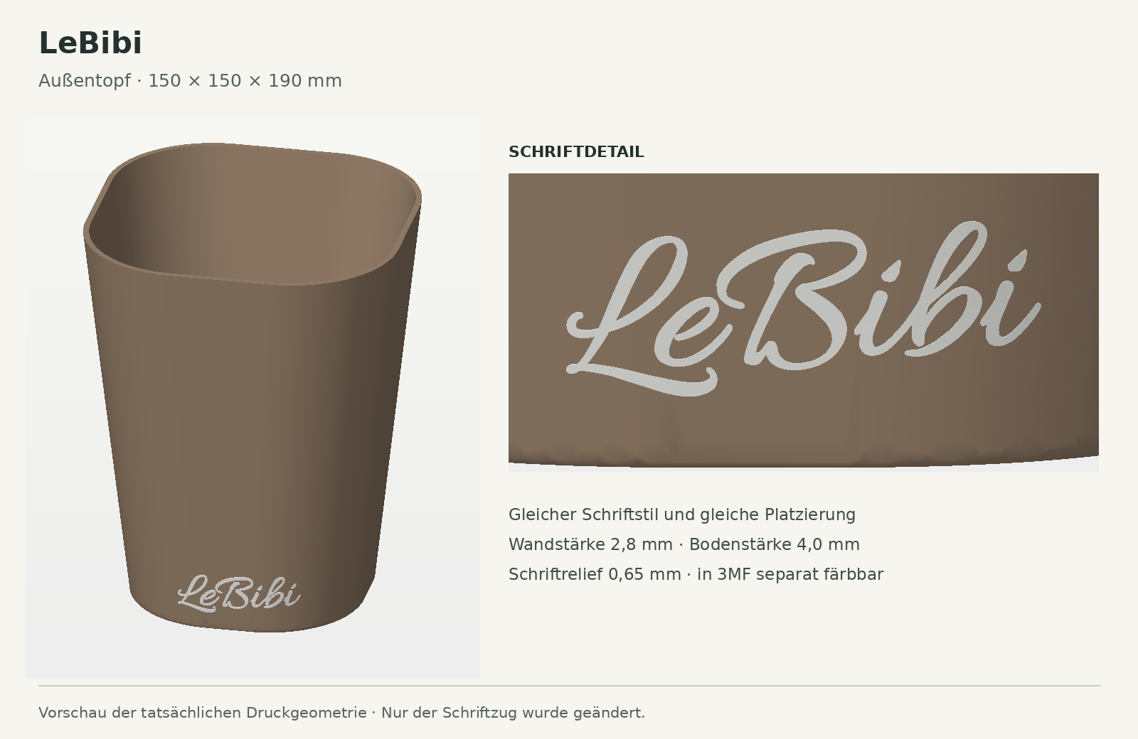 Konstruktionsvorschau eines braunen Pflanztopfs mit hellem LeBibi-Schriftzug
