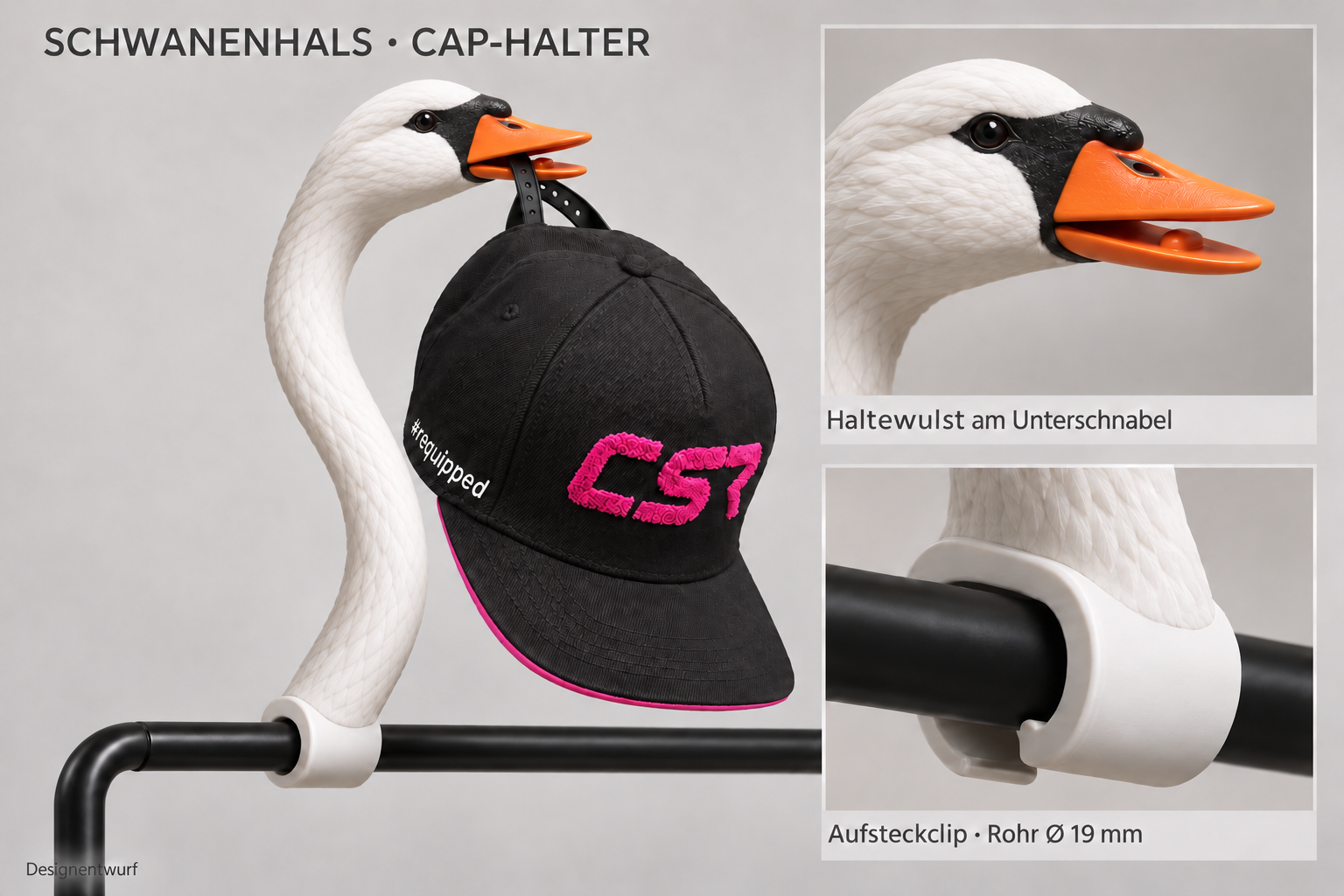 Schwanenförmiger Halter, der eine Cap am Verstellband im Schnabel trägt