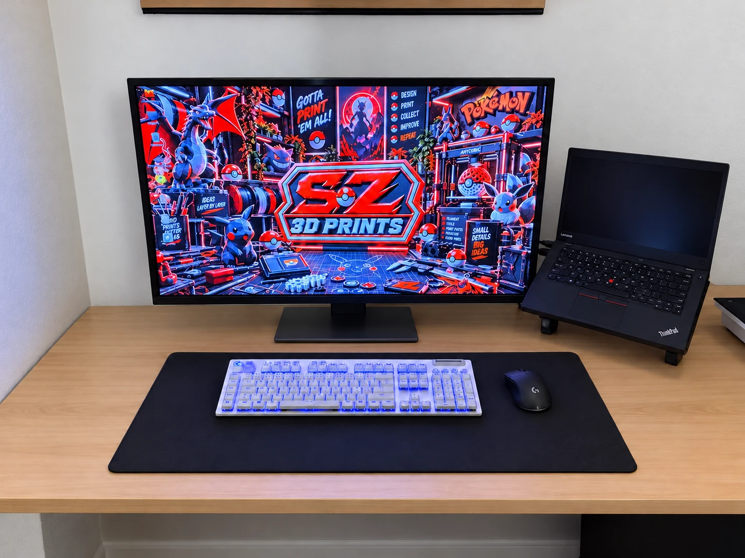 Schreibtisch mit SZ 3D Prints Motiv auf dem Monitor, Laptop, Tastatur und Maus