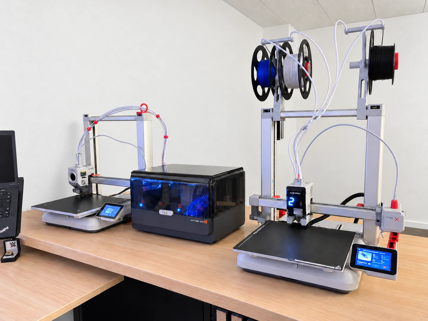 Zwei 3D-Drucker mit Filamentrollen und Filamentsystem auf einer hellen Holzarbeitsplatte